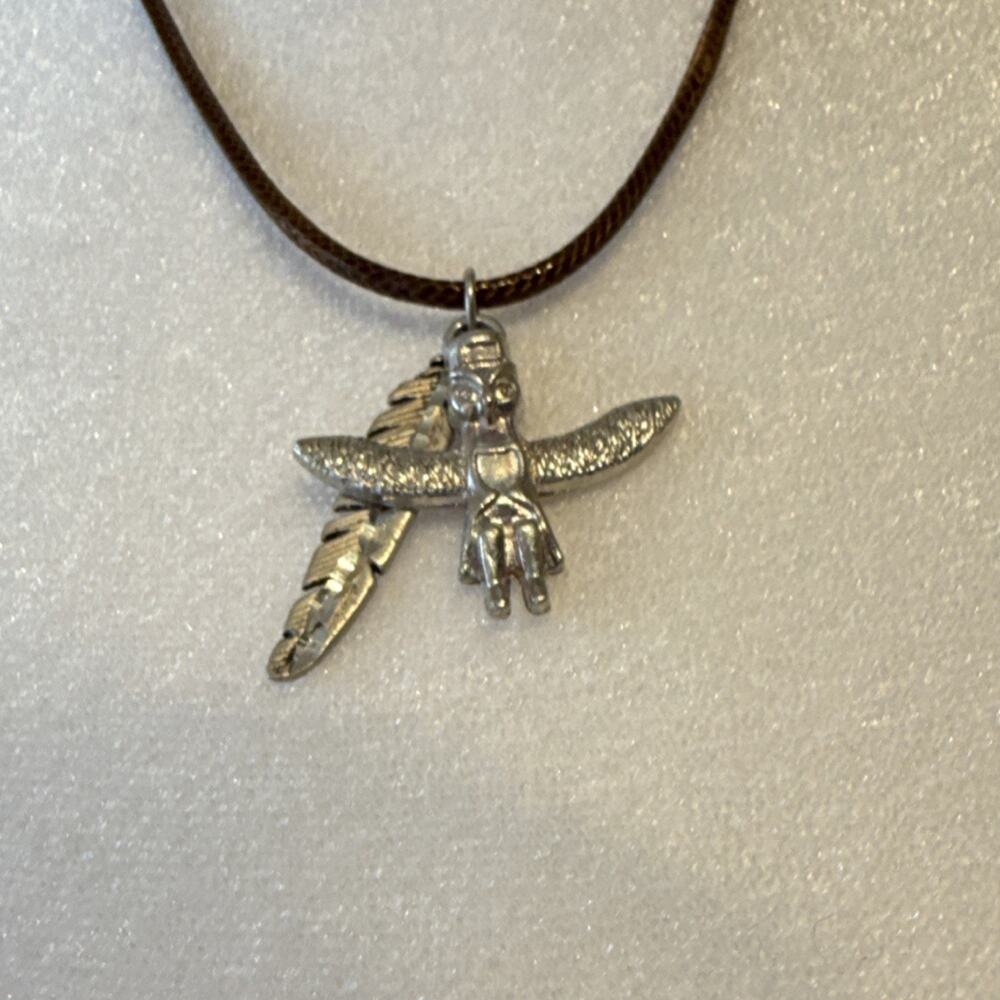 Native American Style Brown Cord Necklace with Silver Feather and Totem Charms